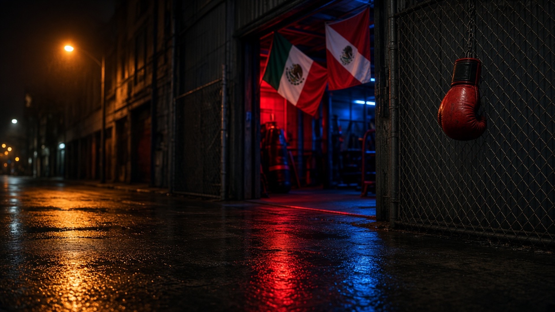 Exterior nocturno de un gym de combate en Baja, calle mojada, banderas mexicanas en la puerta, guante de box en malla.